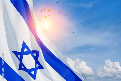 Photography Israel flag with a star of David over cloudy sky background with flying birds