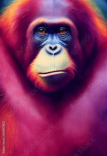 Funny adorable portrait headshot of cute orangutan. Asian region wild land animal standing facing front. Watercolor monkey art illustration. Vertical artistic poster. AI generated.