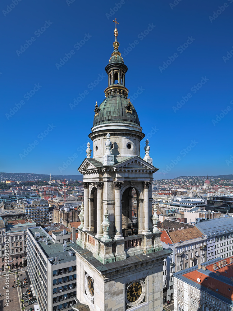 Budapest, Hungary. Bell tower of St. Stephen's Basilica and view over the city. View from the dome of the Basilica.