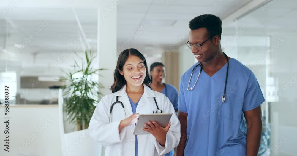 Healthcare, doctor and nurse with tablet smile in hospital lobby, advice on team surgery. Teamwork, woman in medicine and black man talking, happy doctors consulting medical insurance online report. Healthcare, doctor and nurse with tablet smile in hospital lobby, advice on team surgery. Teamwork, woman in medicine and black man talking, happy doctors consulting medical insurance online report.
