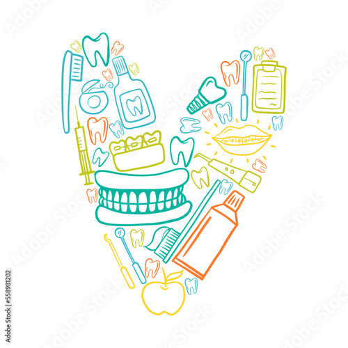 Heart-shaped illustration with elements of dentistry, hand-drawn in the style of a doodle