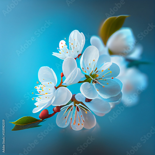 Spring Cherry Blossom Flowers on Blue Background Generative AI