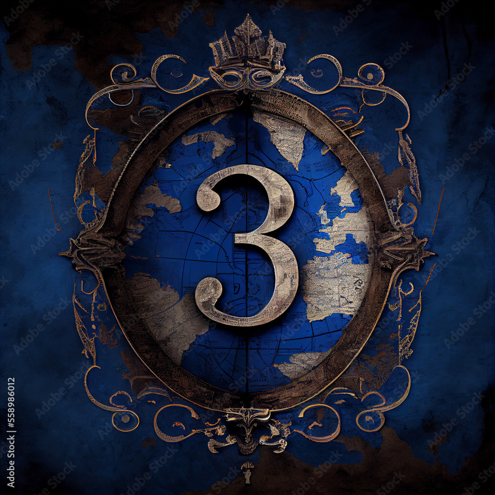 Naklejka premium Number three in royal blue with map in background, blue number 3, generative ai