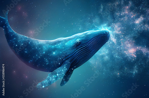 Magic whale swims in the starry sky. Fantasy realistic illustration Generative AI
