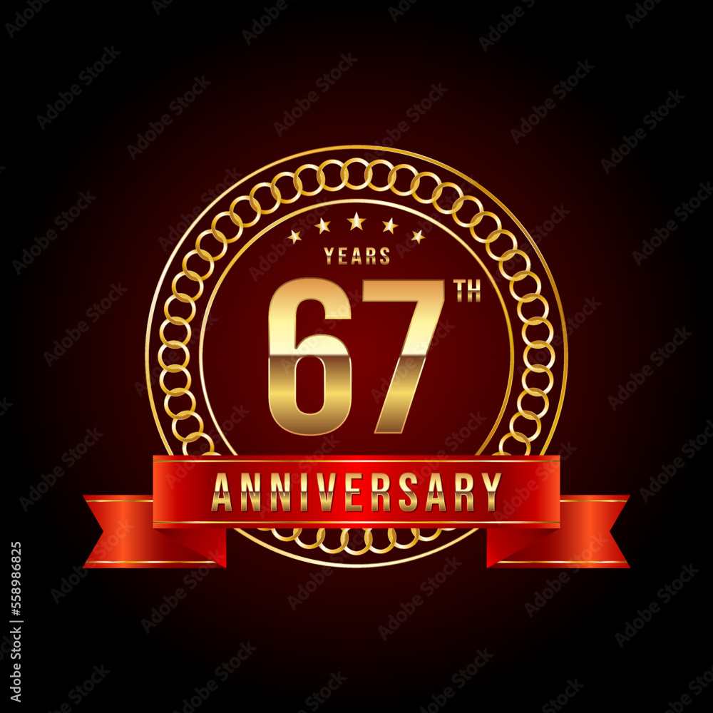 67th Anniversary. Anniversary logo design with gold color text and red ribbon for anniversary celebration event. Logo Vector Illustration 67th Anniversary. Anniversary logo design with gold color text and red ribbon for anniversary celebration event. Logo Vector Illustration