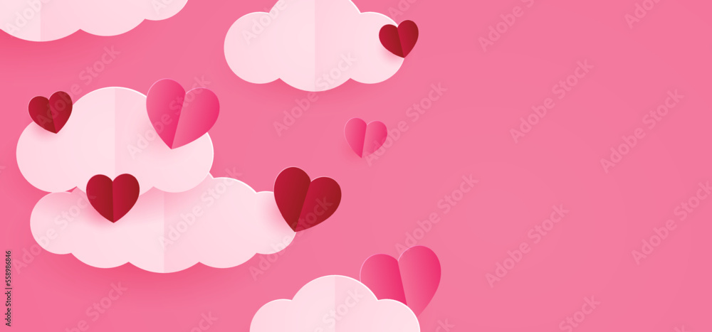 Happy Valentine's day poster banner design. paper cut clouds and heart on pink background. Papercut style for valentine sale header