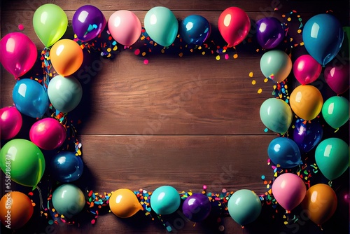 Colorful party frame of balloons on rustic wooden wall. Copy space on the middle. Generative AI