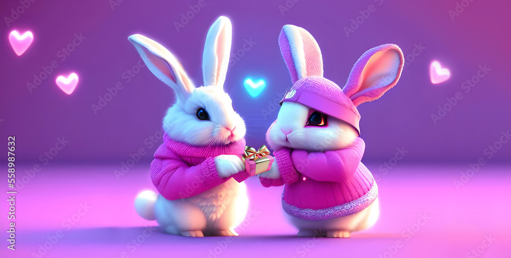 A couple of loved rabbits dressed in pink giving a present to another one, a valentine's day greeting card. Generative Ai. A couple of loved rabbits dressed in pink giving a present to another one, a valentine's day greeting card. Generative Ai.