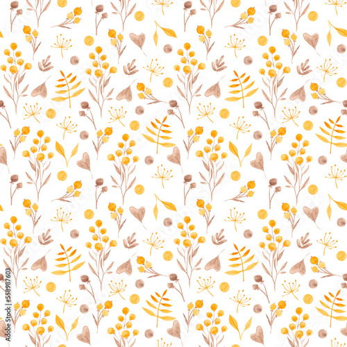 Watercolor seamless pattern with berries, flowers and leaves. Hand drawn illustration. Floral background