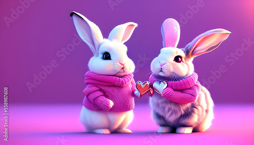 A couple of loved rabbits dressed in pink giving a present to another one  a valentine s day greeting card. Generative Ai.
