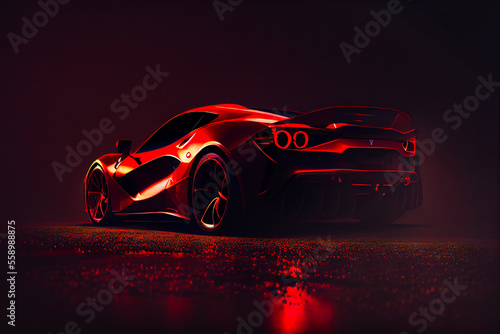  Red fast sports car.  Futuristic sports car  concept.  Generative AI. © EwaStudio