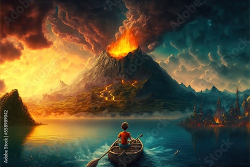 A boy is sailing on a boat from a volcano