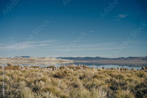 Tufa columns reflected in the mirrored water surface at Mono Lake  California