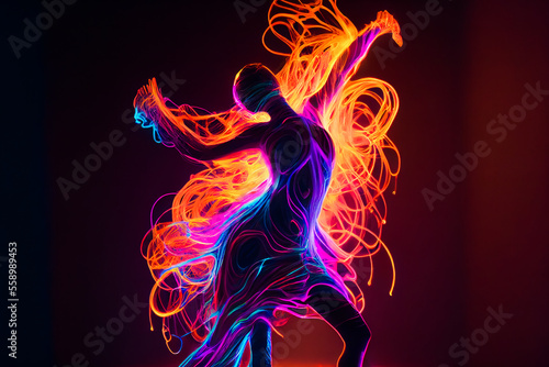 Dancing modern girl moving in colorful neon light. Generative AI.