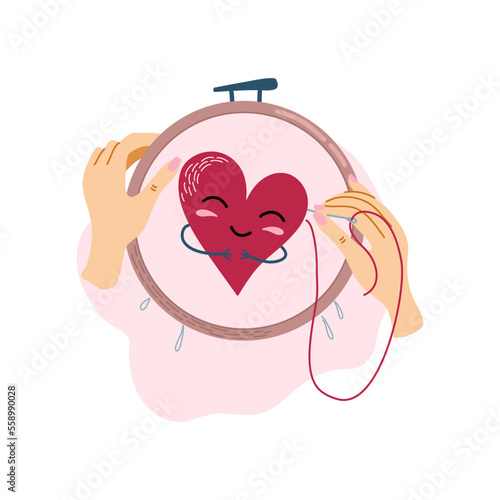 Hands with needle and thread embroidering heart on canvas in embroidery hoop. Creation of handmade needlework. Hand drawn vector illustration of DIY needlecraft isolated on white, top view.