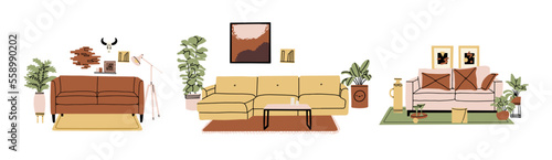 Set of 3 living rooms interiors with sofa, plants and home decorations. Comfy and cozy lounge furnished in trendy Scandinavian style. Colored flat vector illustration isolated on white background