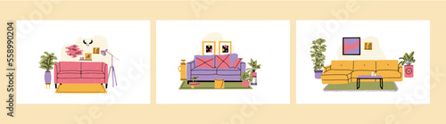 Set of 3 living rooms interiors with sofa, plants and home decorations. Comfy and cozy lounge furnished in trendy Scandinavian style. Colored flat vector illustration isolated on white background