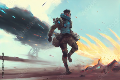 Futuristic soldier runs against the background of an explosion