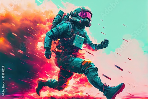 Futuristic soldier runs against the background of an explosion © Анастасия Птицова