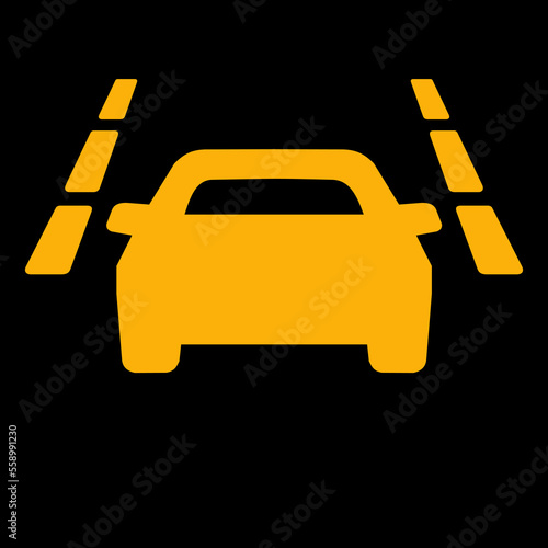 Amber vector graphic on a black background of a dashboard warning light for lane departure