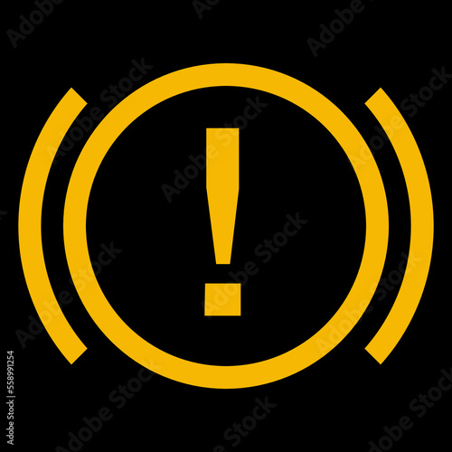 Amber vector graphic on a black background of a dashboard warning light for problem with the car's brakes