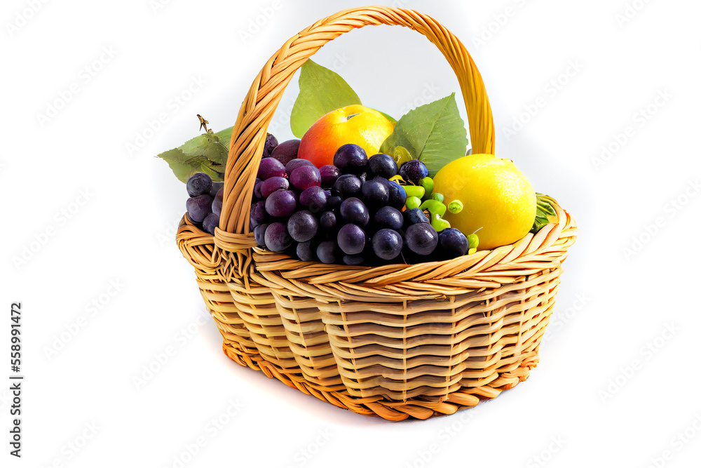 Composition with variety of fruits and wicker basket isolated on white. Generative AI. Composition with variety of fruits and wicker basket isolated on white. Generative AI.