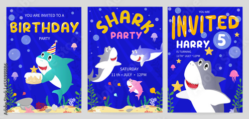 Shark party invitation set. Cartoon underwater background with cute sharks. Vector illustration
