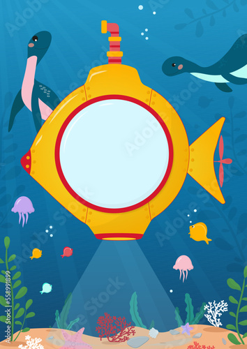 Cartoon underwater background with yellow submarine and dinosaurs. Flat style under the sea Vector illustration