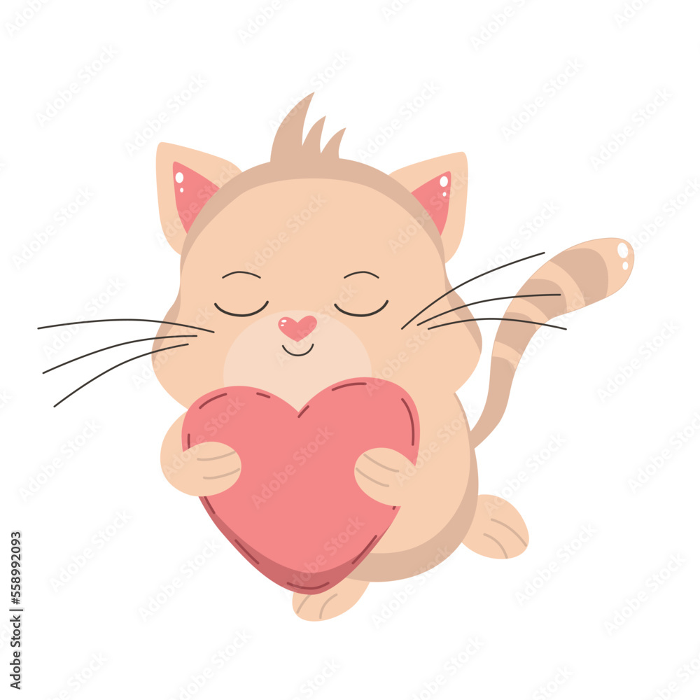 Vector graphic vector illustration cute doodle beige brown cat with heart with stroke postcard website valentine's day holiday