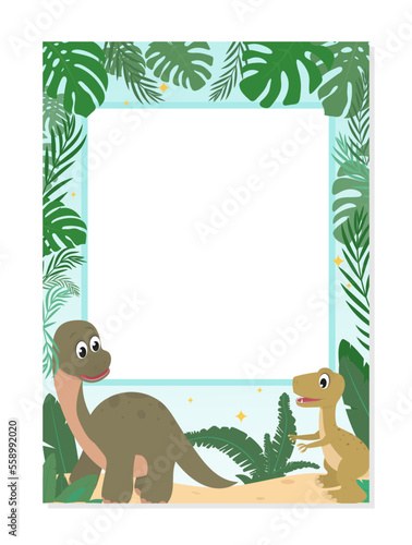 Baby Dinosaur party photo booth prop. Cartoon selfie concept with cute dinosaurs and tropical background. Flat style photo frame with cute T-rex and Brachiosaurus. Vector illustration. 