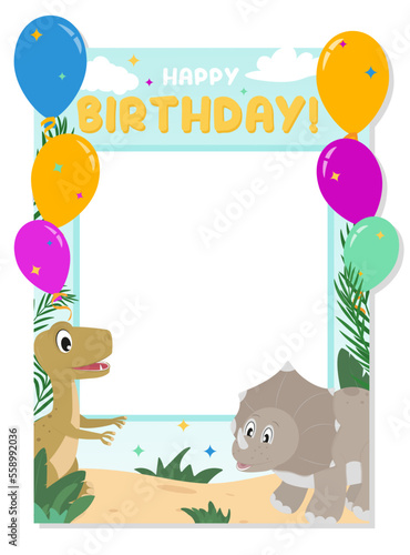 Dino party photo booth prop for Birthday celebration. Cartoon selfie concept with cute dinosaurs and colorful balloons. Photo booth props with tropical background. Flat style Vector illustration.