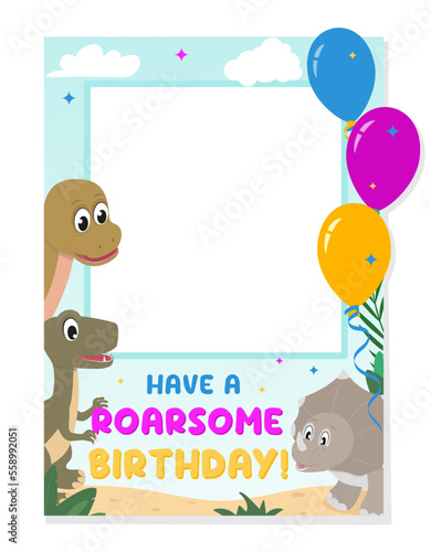 Have a roarsome Birthday photo frame with cartoon dinosaurs and balloons. Flat style Vector illustration.