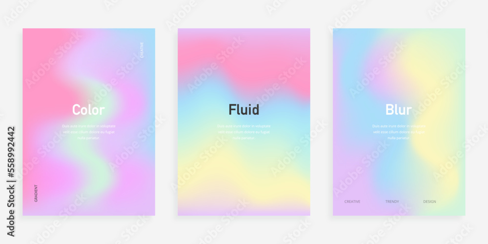 Сolorful backgrounds set with fluid gradient for cover, website design, poster, brochure. Trendy soft abstract shapes.