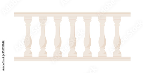 Stone balustrade with balusters for fencing. Palace fence. Balcony handrail with pillars. Decorative railing. Castle architecture element. Flat vector illustration isolated on white background