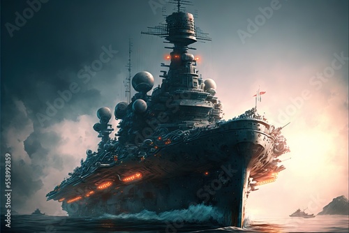 Foto a large ship in the middle of the ocean with a lot of ships on it's side and a tower on top of it's side