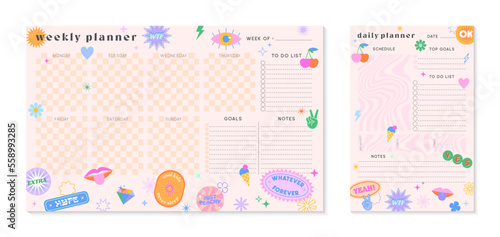 Vector weekly and daily planners templates with y2k patches,icons and emblems.Organizer and schedule with place for notes; goals,to do list.Trendy layout in 90s groovy aesthetic.Abstract modern design