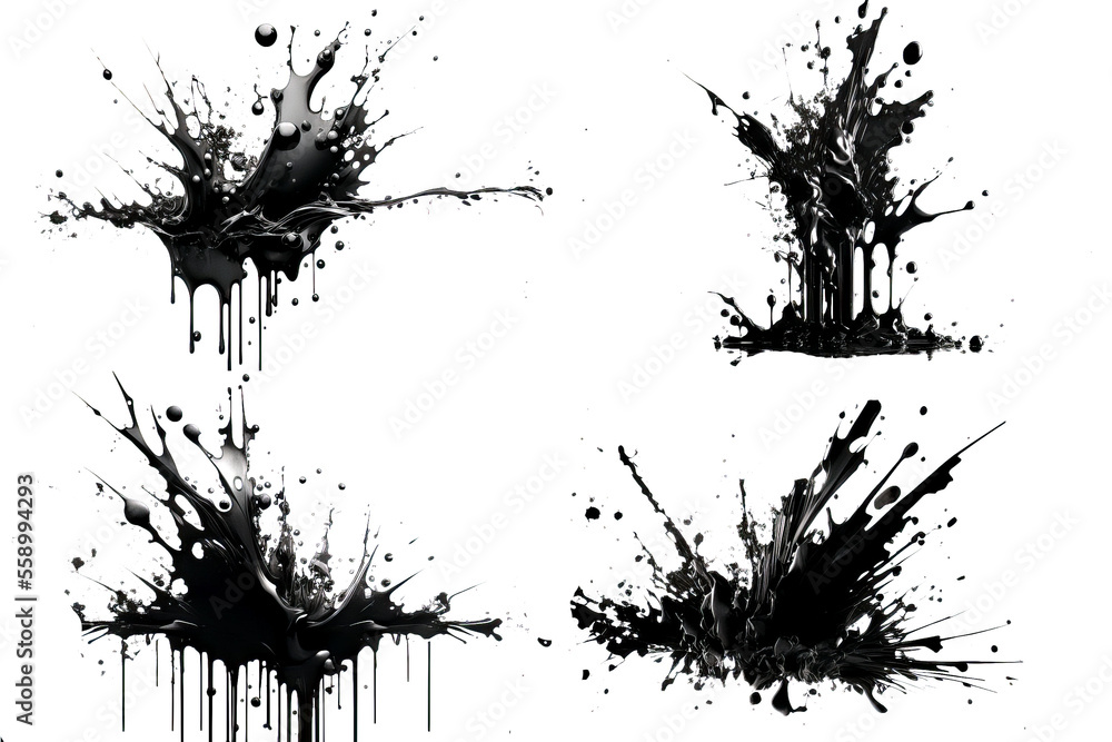 4 Splattered paint Brushes, ink, grunge, paint, silhouette, black, splatter, texture, stain, splash, pattern, element, splat, dark, liquid