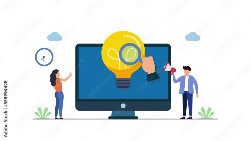 creative writing idea concept animation. woman and man with megaphone,deskop with business icon.conceptual animation video clip. creative writing idea concept animation. woman and man with megaphone,deskop with business icon.conceptual animation video clip.