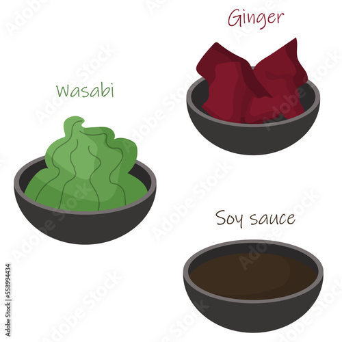 Soy sauce, ginger and wasabi for sushi. Illustration of Asian food.