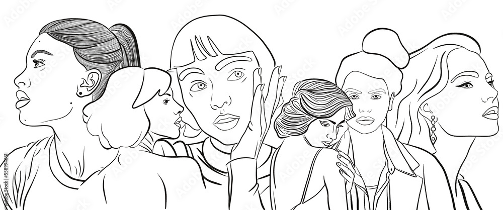 Illustration d’une diversité féminine. Cette fresque de visage aux ethnies différentes représente la solidarité féminine pour la journée internationale de la femme. Dessin réaliste et minimaliste png Illustration d’une diversité féminine. Cette fresque de visage aux ethnies différentes représente la solidarité féminine pour la journée internationale de la femme. Dessin réaliste et minimaliste png