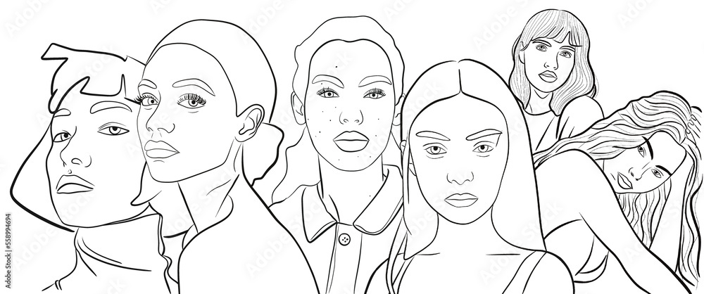 Illustration d’un ensemble de divers portraits féminin tel une fresque de visage de femme aux ethnies et origines différentes. Solidarité féminine. Dessin réaliste et minimaliste aux lignes noir. Png - obrazy, fototapety, plakaty 