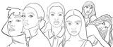 Illustration d’un ensemble de divers portraits féminin tel une fresque de visage de femme aux ethnies et origines différentes. Solidarité féminine. Dessin réaliste et minimaliste aux lignes noir. Png