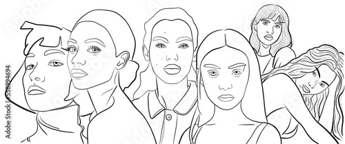 Illustration d’un ensemble de divers portraits féminin tel une fresque de visage de femme aux ethnies et origines différentes. Solidarité féminine. Dessin réaliste et minimaliste aux lignes noir. Png photo