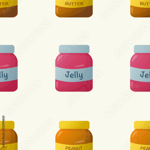 Seamless pattern with peanut butter jars and jelly jars on light background. Flat style