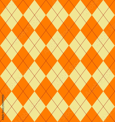 Argyle pattern. Orange and yellow squares with thin red line. Seamless geometric background for woman's clothing, wrapping paper. 