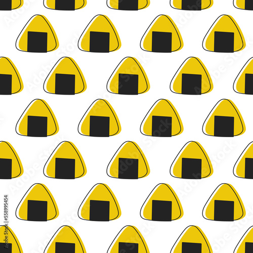 Seamless pattern with yellow onigiri. Simple Japanese rice balls isolated on white background. Vector illustration in flat style for wrapping paper, textile, packaging decoration