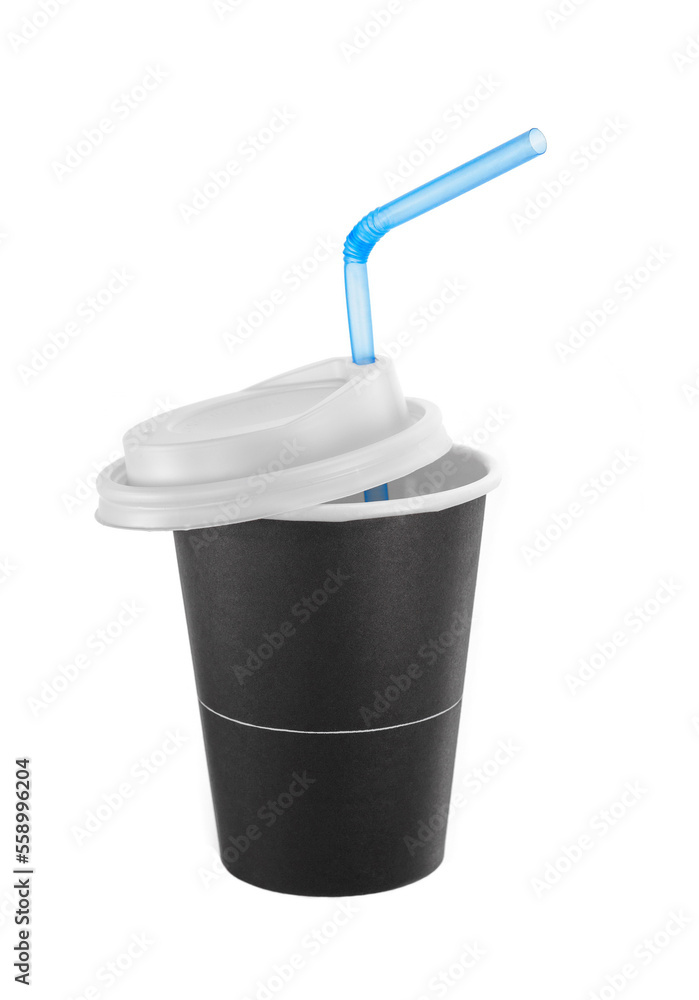 Front view of black disposable paper coffee cup with lid isolated on white Front view of black disposable paper coffee cup with lid isolated on white