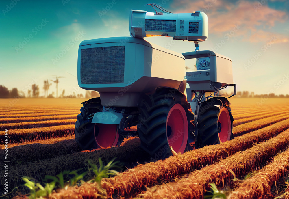 Vision for future of agriculture. Autonomous tractor works in field