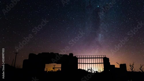 Timelapse of the Milky Way in Epecuen. Abandoned city from Argentina.  Devastation demolition destruction. Concept of ruins after inundation