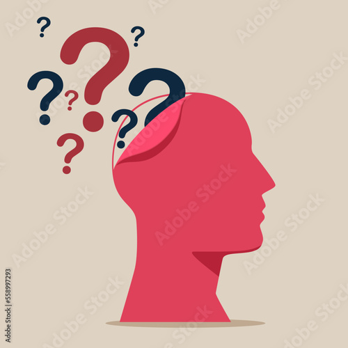 Human head doubts and questioning everything. Human head surrounded by a question mark. Flat cartoon vector illustration.